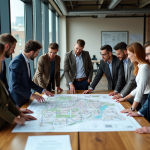 Groupe d'adultes discutant autour d'une carte urbaine