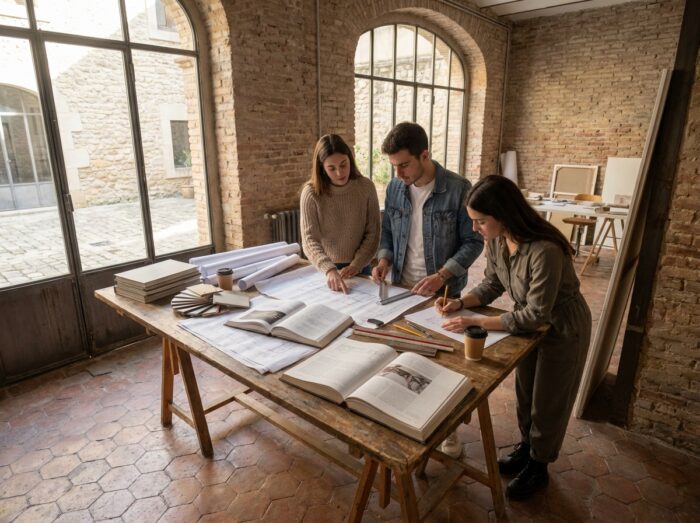 Groupe d'étudiants en design d'intérieur travaillant sur des plans dans un atelier industriel rénové au sud de la France