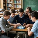 Groupe de lycéens autour d'un modèle 3D en classe
