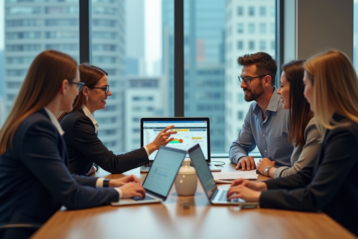 Groupe de professionnels en réunion dans un bureau moderne