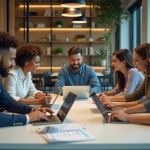 Groupe de professionnels discutant autour de tableaux numériques