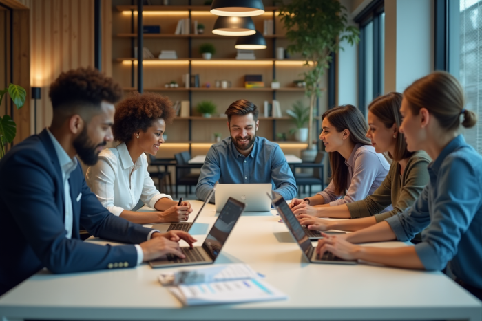 Groupe de professionnels discutant autour de tableaux numériques
