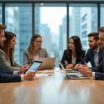 Groupe de jeunes professionnels en réunion dans un bureau moderne