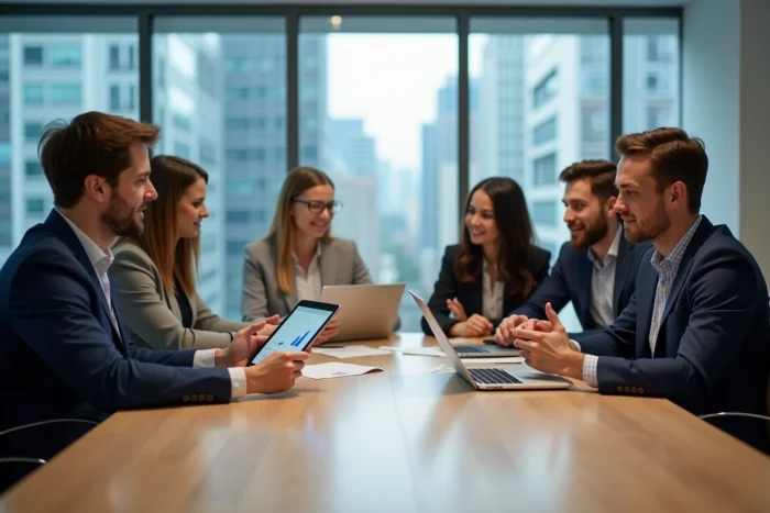 Groupe de jeunes professionnels en réunion dans un bureau moderne