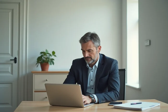 Homme d'affaires français travaillant dans un bureau minimaliste