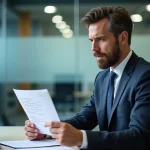 Homme d'affaires en costume examine des documents d'assurance