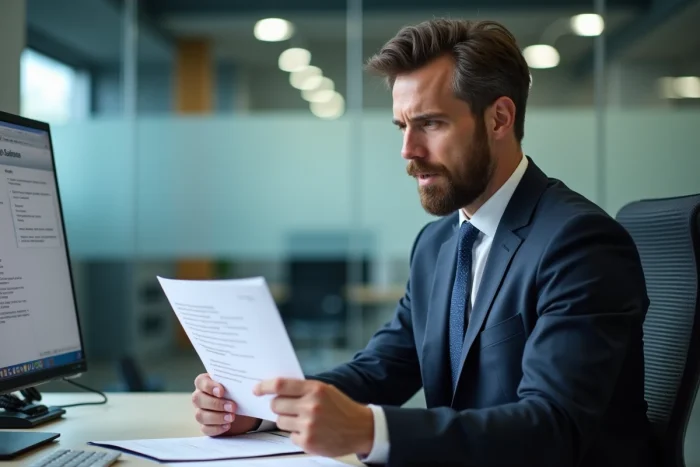 Homme d'affaires en costume examine des documents d'assurance