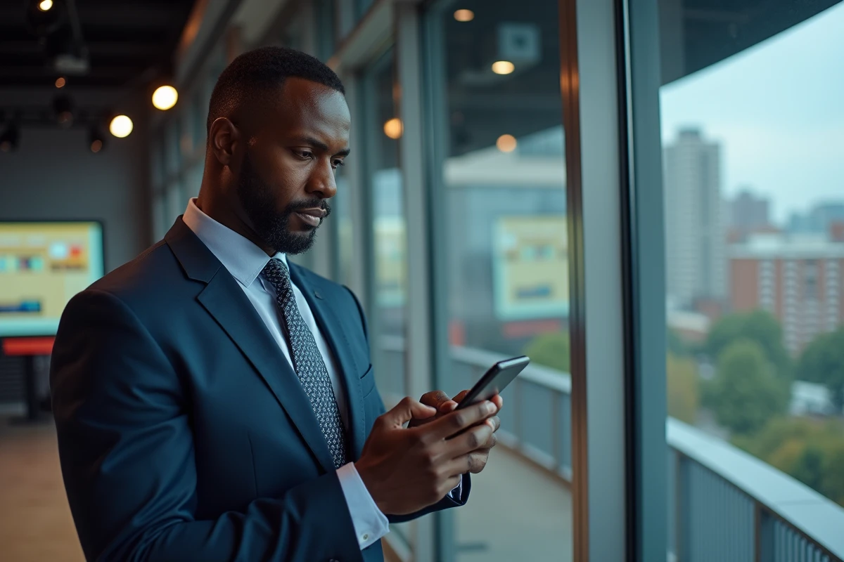 Homme africain professionnel regardant son smartphone en studio