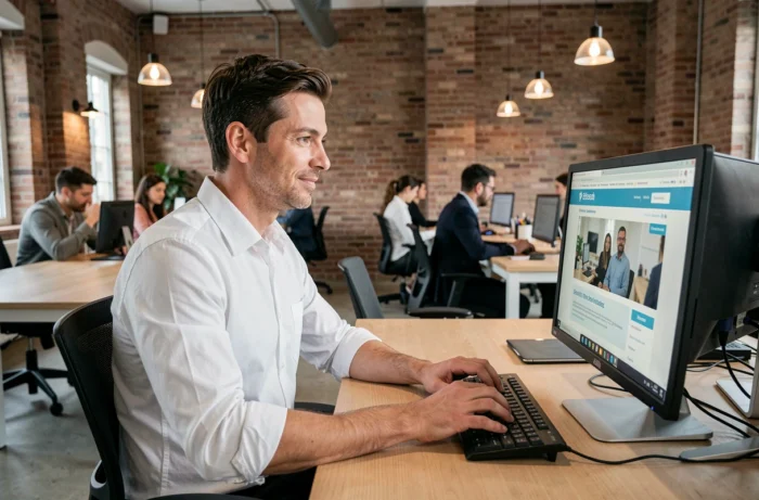 Homme consultant des annonces d'emploi sur un ordinateur dans un espace de coworking moderne