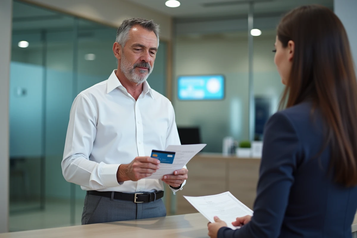 Homme présentant sa carte Casden au guichet bancaire