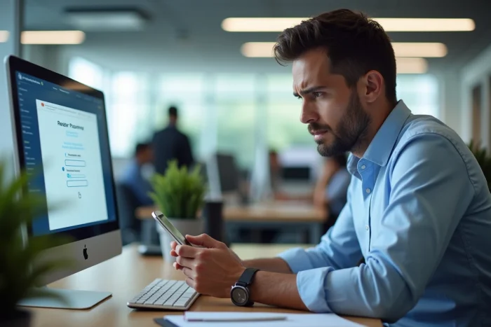 Homme en bureau résolvant un problème de connexion à un compte en ligne avec smartphone et ordinateur de bureau