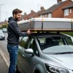 Homme en jeans fixant un sommier sur le toit d'une voiture