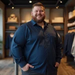 Homme portant une chemise grande taille 7XL bien ajustée dans une boutique de vêtements grande taille
