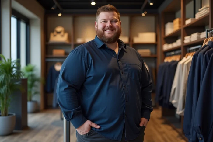Homme portant une chemise grande taille 7XL bien ajustée dans une boutique de vêtements grande taille