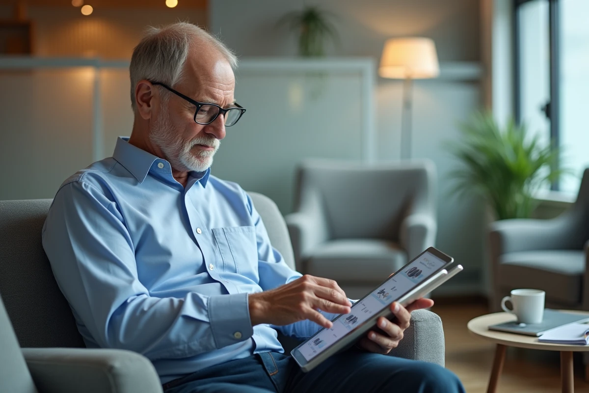 Homme d age examinant une liste de prix sur une tablette