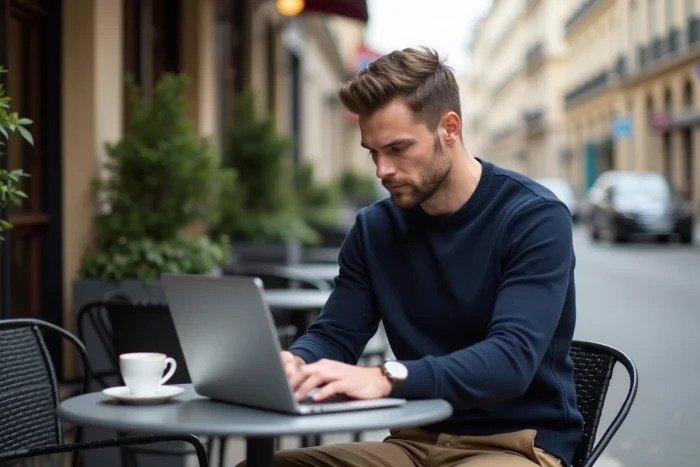 Homme connecté travaillant sur un ordinateur portable en terrasse de café parisien, lifestyle masculin moderne 2024