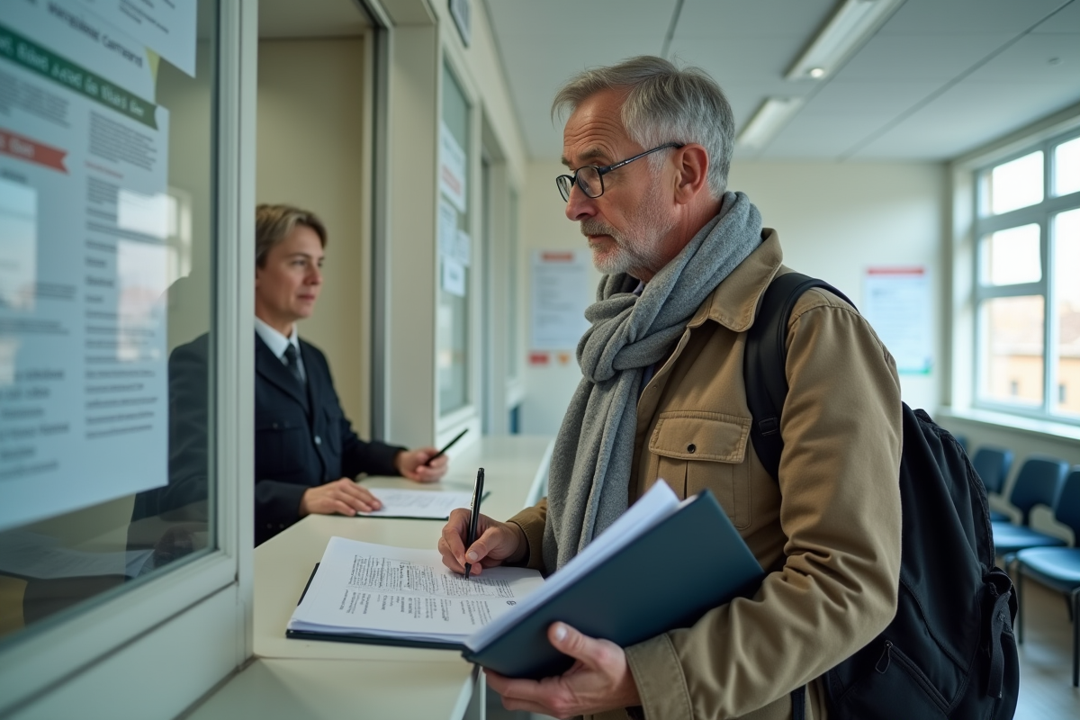 Homme au consulat discutant avec un agent