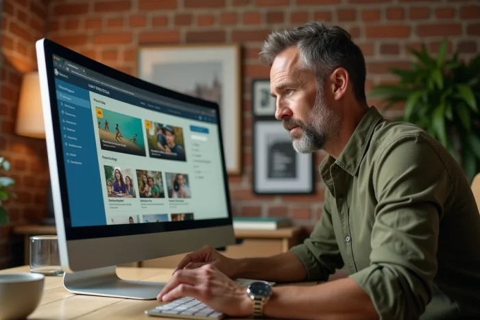 Homme consultant des annonces d'activités de loisirs sur un ordinateur de bureau dans un bureau à domicile authentique