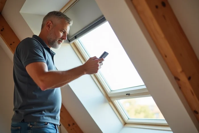 Homme en polo utilisant une télécommande Velux Integra