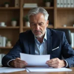 Homme d'âge moyen en costume analysant des documents d'investissement