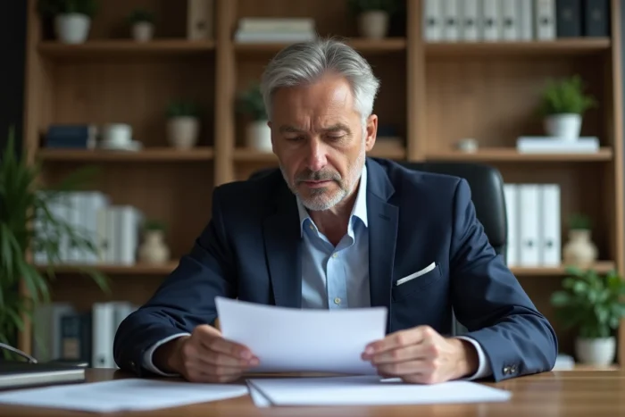 Homme d'âge moyen en costume analysant des documents d'investissement