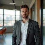 Homme moderne en costume élégant dans un bureau contemporain, représentant les tendances mode masculine 2024