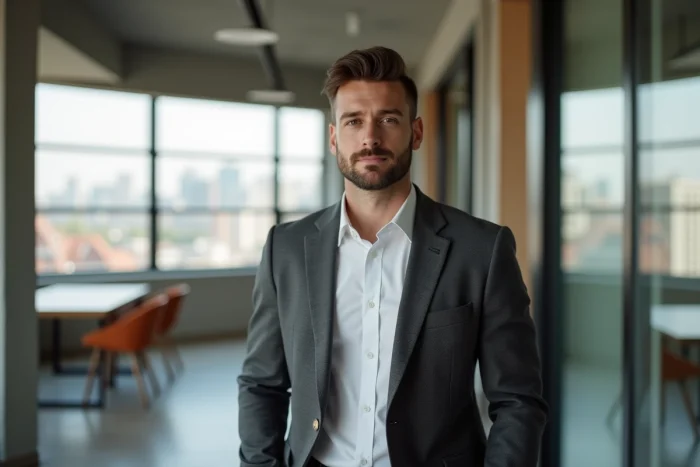 Homme moderne en costume élégant dans un bureau contemporain, représentant les tendances mode masculine 2024