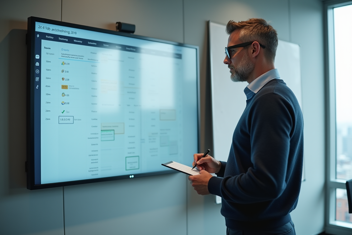Homme en réunion planifiant sa semaine avec un affichage digital