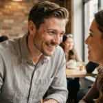 Homme souriant avec intensité vers une femme dans un café, exprimant une attirance émotionnelle profonde