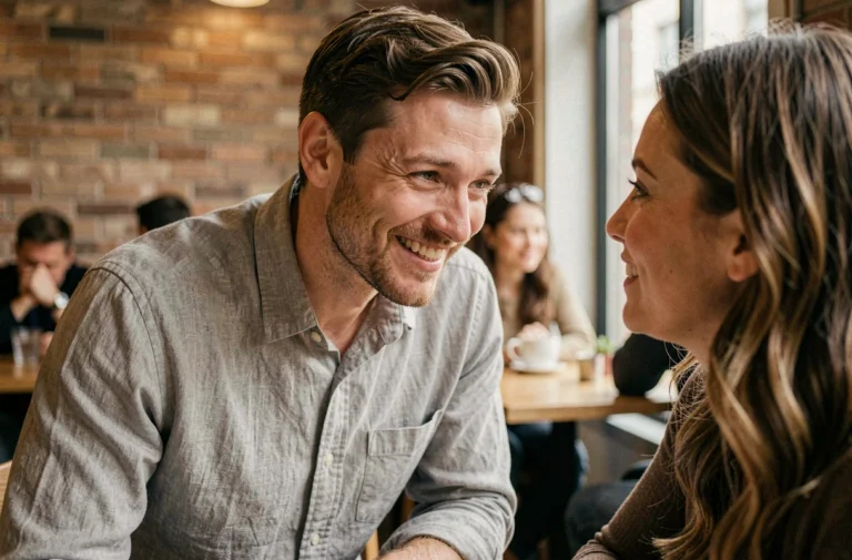 Homme souriant avec intensité vers une femme dans un café, exprimant une attirance émotionnelle profonde