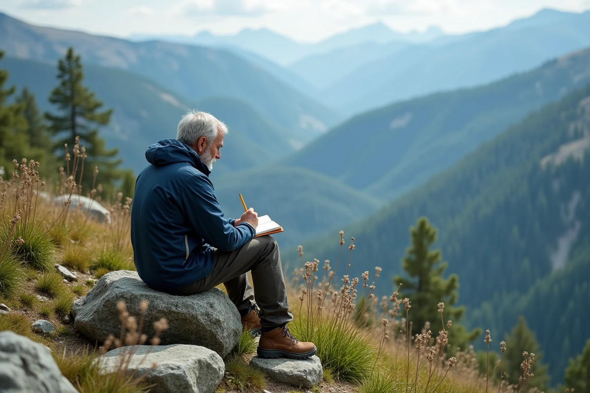 Homme en randonnée écrivant dans un journal face aux montagnes