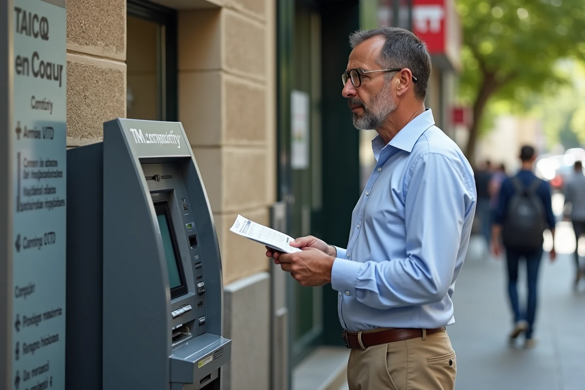Homme vérifiant un reçu à un distributeur automatique en ville