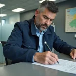 Homme d'âge moyen remplissant un formulaire de gaz en bureau