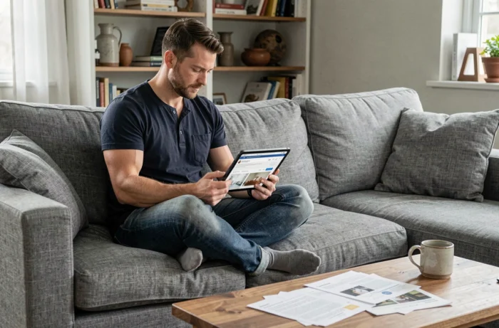 Homme consultant des sites web fiables pour l'aménagement de la maison sur une tablette dans un salon confortable