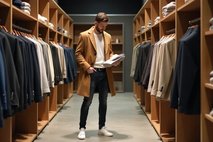 Homme tendance faisant du shopping dans une boutique de mode masculine contemporaine, style urbain 2024