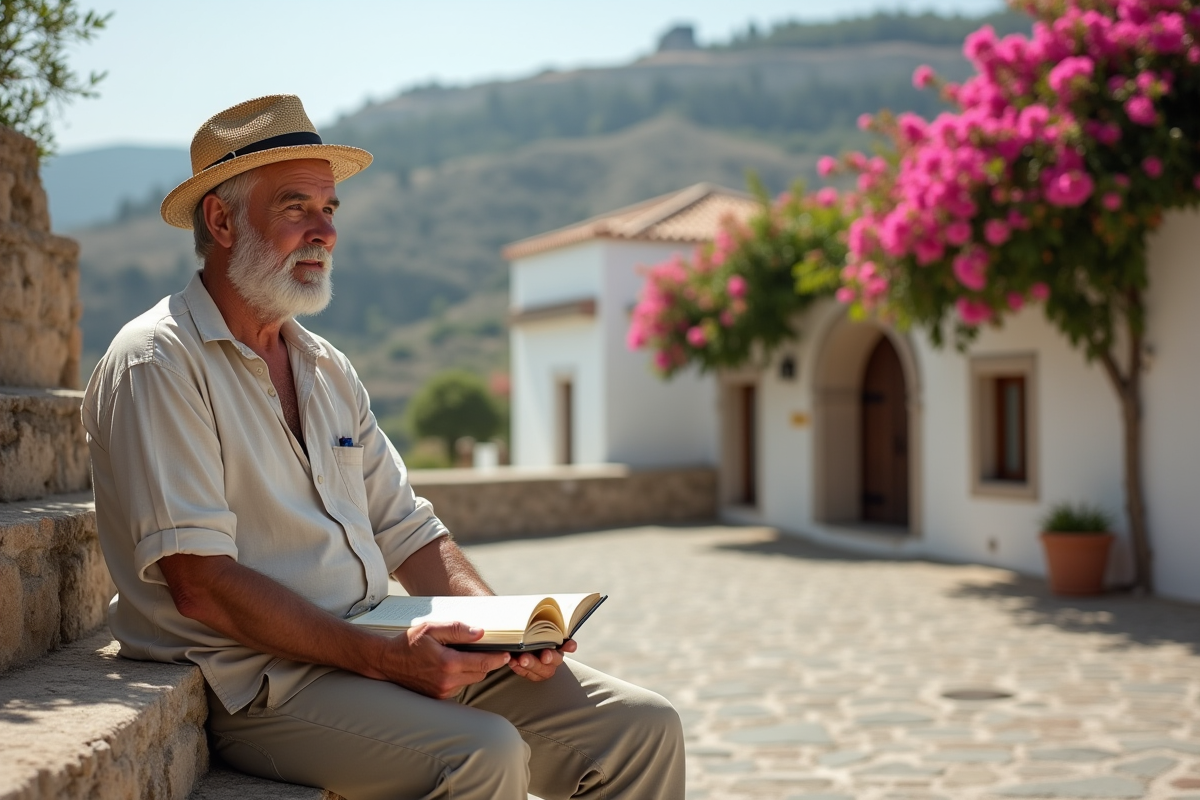 Homme âgé dans un village avec maisons blanches et bougainvillées