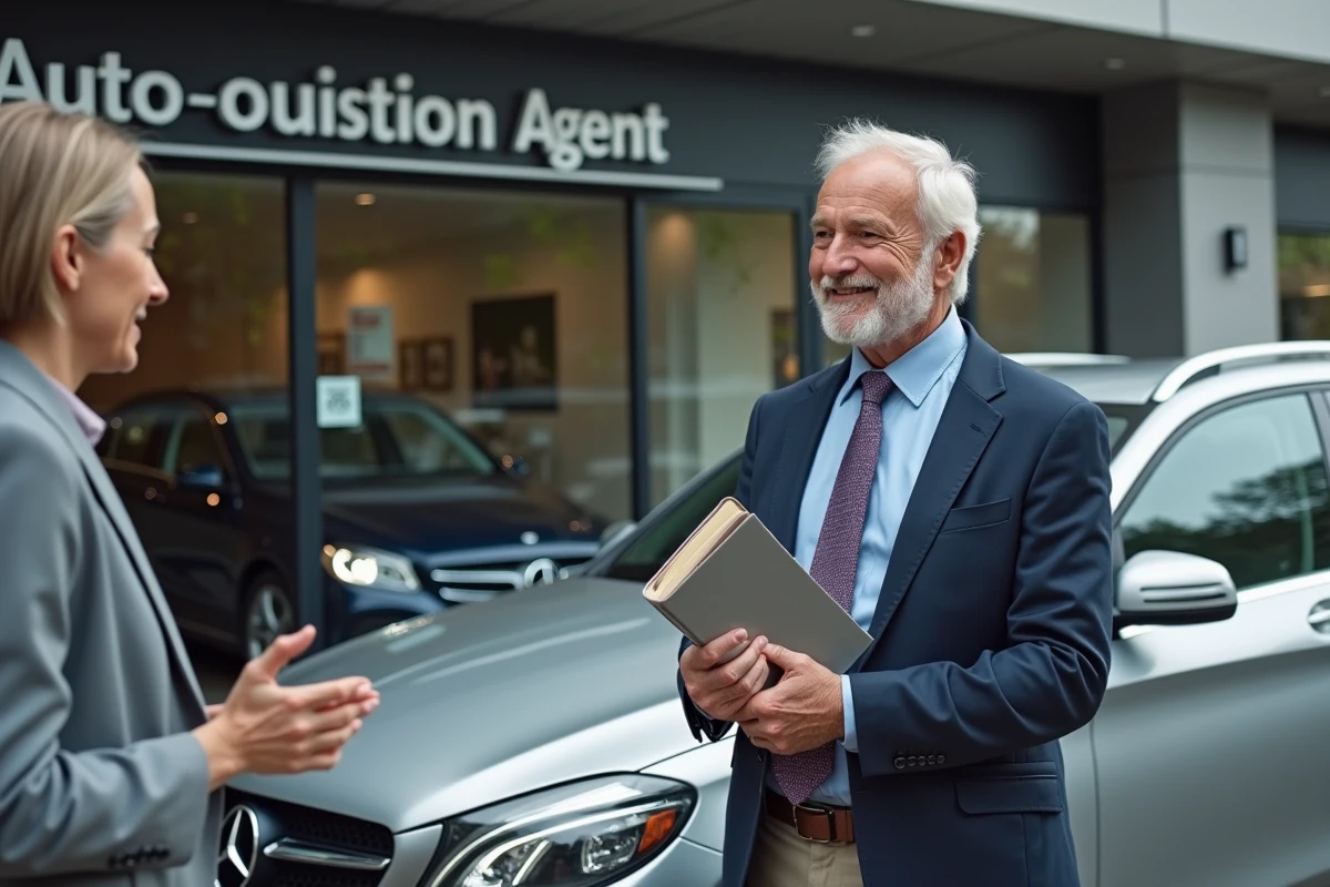 Homme parlant à une professionnelle devant une agence automobile