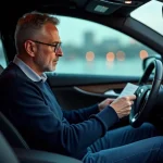 Homme moyenâgeux regardant le tableau de bord de voiture moderne