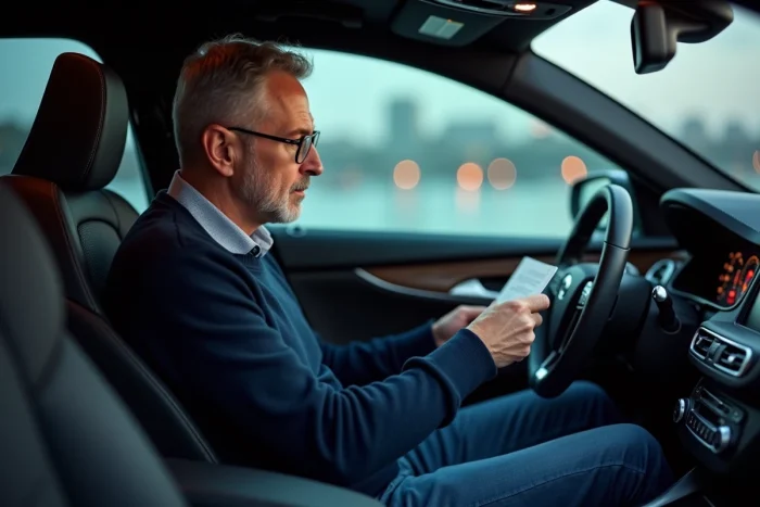 Homme moyenâgeux regardant le tableau de bord de voiture moderne
