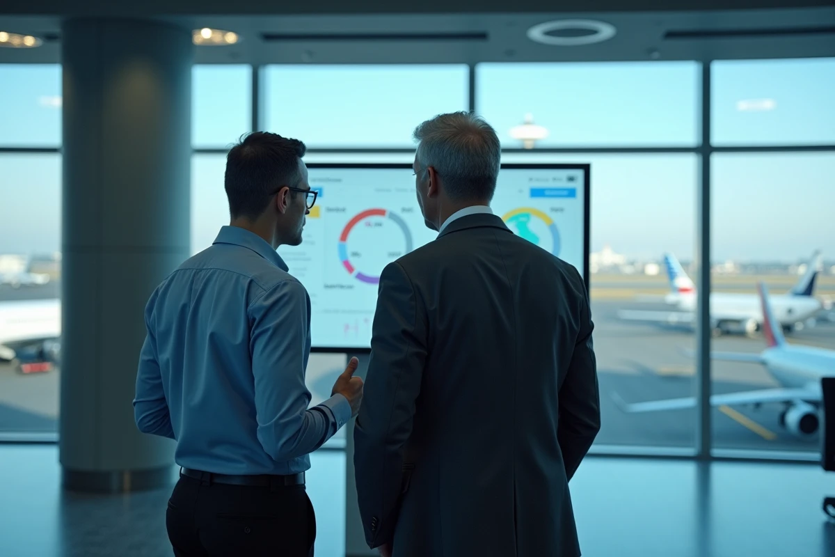 Deux hommes d affaires analysant un tableau de bord aéroport