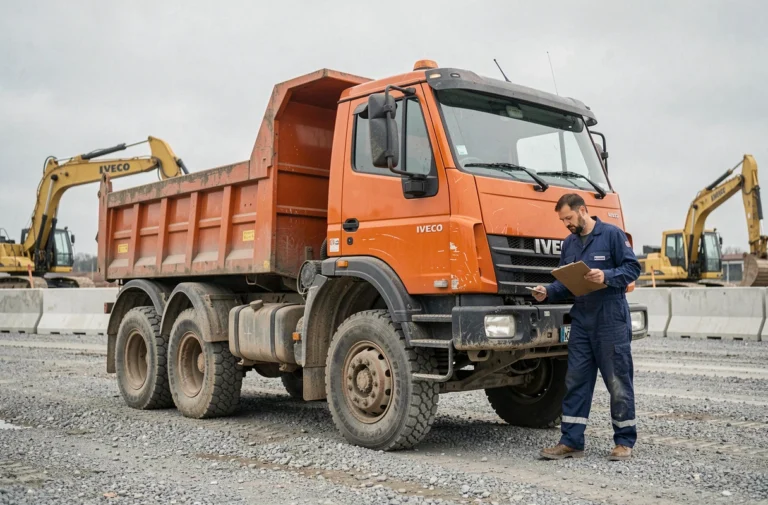 Mécanicien inspectant un camion benne Iveco d'occasion sur un chantier de construction