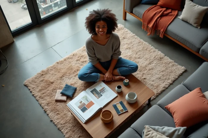 Femme assise sur un tapis entourée d'échantillons de tissus et de magazines de décoration dans un appartement moderne, inspiration aménagement intérieur