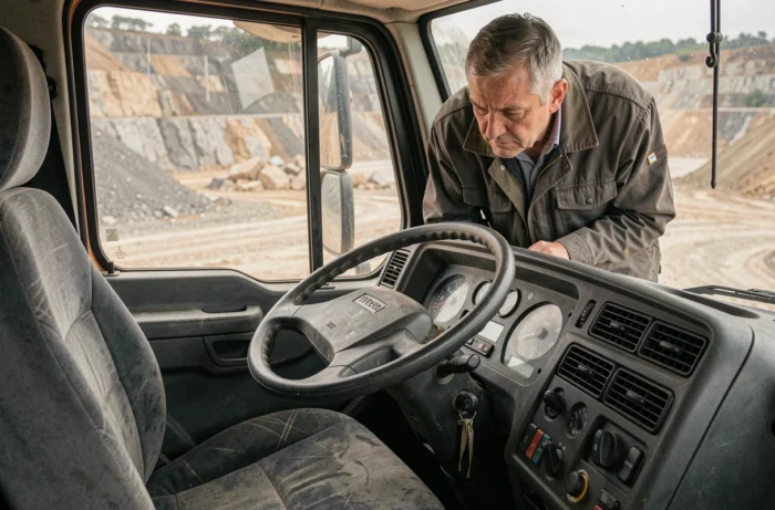 Intérieur cabine d'un camion benne Iveco d'occasion avec tableau de bord à kilométrage élevé