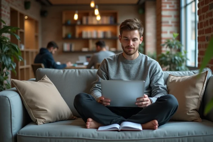 Jeune homme développant un projet de business internet dans un espace de co-working moderne avec cahier de notes