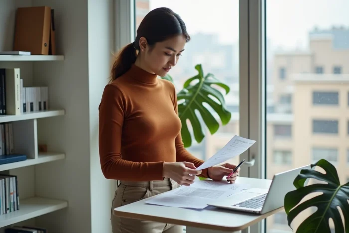 Jeune femme travaillant depuis son bureau à domicile pour optimiser ses services en ligne et développer son entreprise digitale