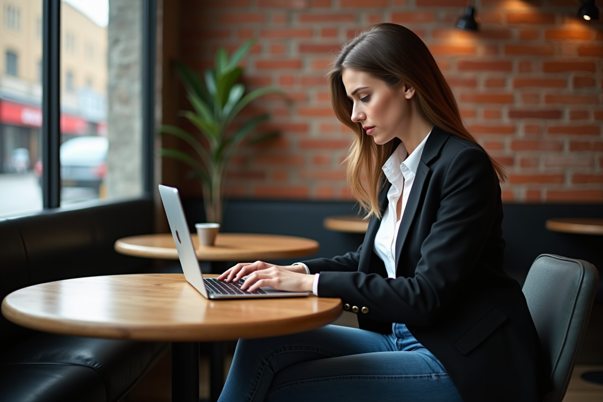 Jeune entrepreneure travaillant dans un café urbain