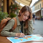 Jeune femme regardant une carte du monde dans un café