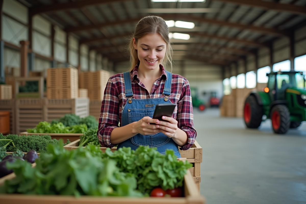 Jeune femme scanne des QR codes dans un entrepôt agricole