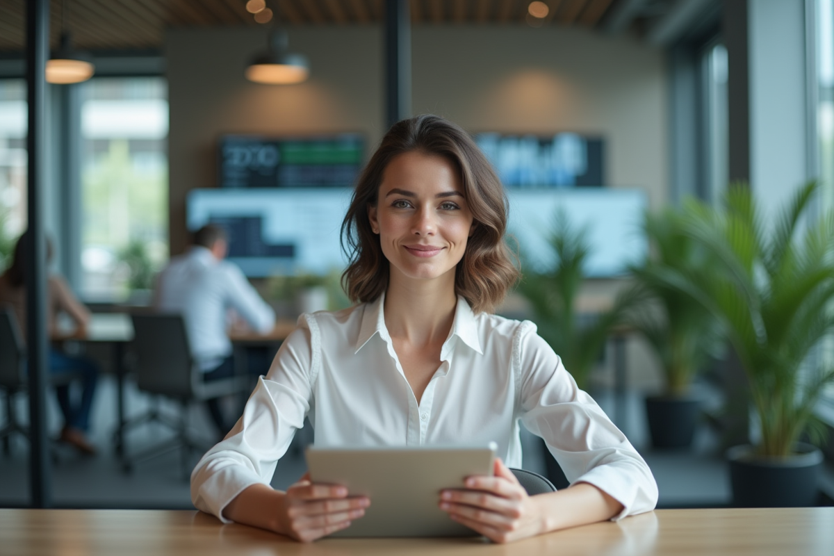 Jeune femme en réunion avec collègues et table digitale