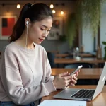 Jeune femme en casual dans un café moderne utilisant son smartphone